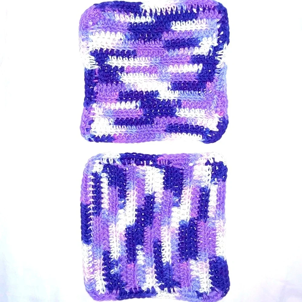 HAND CRAFTED Two Crocheted Colorful All Purpose 100% Cotton Wash or Dish Cloths